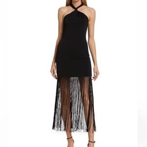 Alice + Olivia Steph Twist Neck Fringe Dress in Black Size 4.